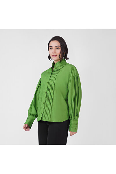 LINELLE Green Cotton Poplin Shirt with Pleated & Ruffle Detailing