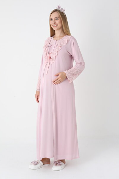 ERDENİZ TEKSTİL Maternity Nightgown Long Sleeve Lace Collar Breastfeeding Fea...
