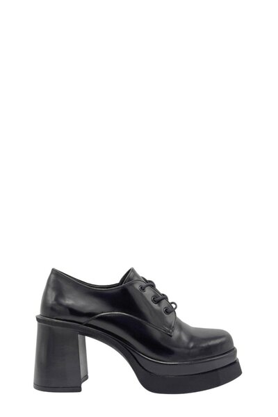 Moulin Shoes Siyah Açma Deri Yüksek Taban Kadın Makosen Ayakkabı