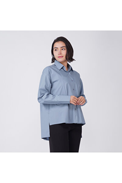 LINELLE Blue Grey Cotton Poplin High-Low Shirt