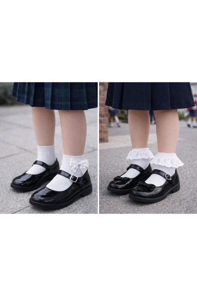 Funnysocksonline Kız Çocuk Beyaz Fiyonklu & Fırfırlı Çorap 2’li Set
