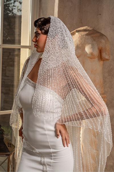 Simay Aksesuar İşlemeli Gelinlik Duvağı Ve Nikah Duvağı Taraklı 230 Cm