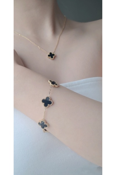 GUNESTAKI Gold Siyah Yonca Kolye Bileklik Seti 2li