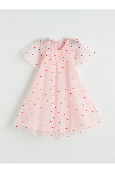 LC Waikiki Rochie de prințesă pentru fetițe, roz, cu guler brodat cu inimioare