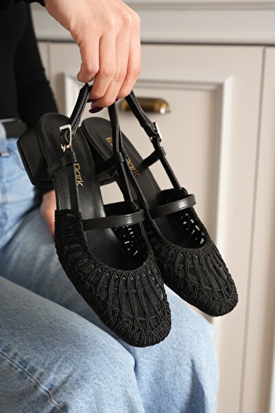 Esilapark Black Women's Sandals Ballerina Short Thick Heeled Knitted Sandals