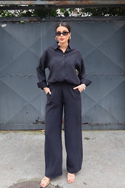 BEJNA Women's Silky Flowing Shirt and Pants Top and Bottom Set