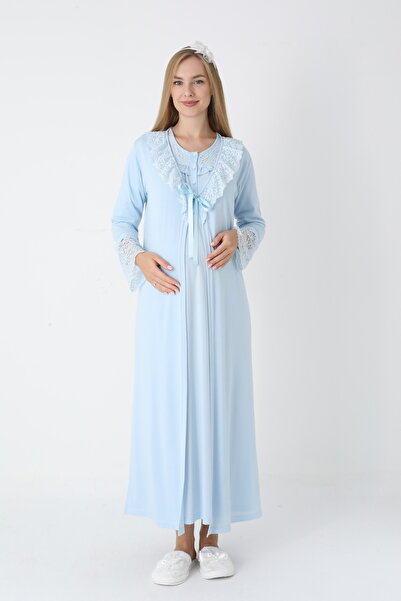 ERDENİZ TEKSTİL Maternity Nightgown Long Sleeve Lace Collar Breastfeeding Fea...