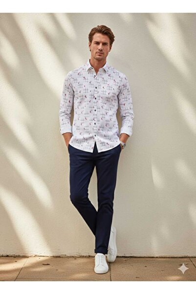 Louis Fabel Square and Leaf Patterned Long Sleeve Men's Shirt
