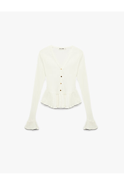 Koton Düğmeli Uzun Kollu V Yaka Pamuklu Volanlı Triko Peplum Hırka