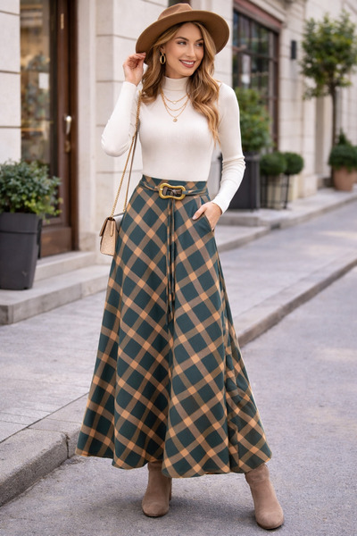 Özkayalargroup Plaid Long Bell Skirt with Buckle Detail, Tie-Up, Drawstring W...