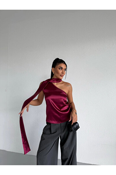 Cool & Sexy Collar Detail Satin Blouse Burgundy