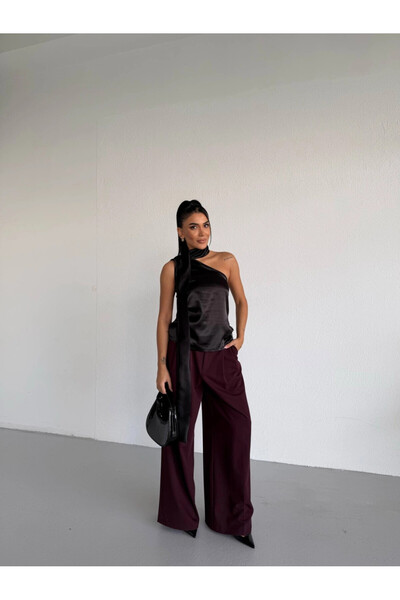 Cool & Sexy Collar Detail Satin Blouse Black