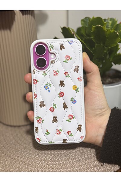 daystar Premium inflatable quilted phone case with teddy bear and flower desi...