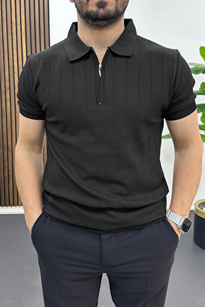 Edwox Tricou cu guler polo cu model cu buline pentru bărbați, negru Edw462