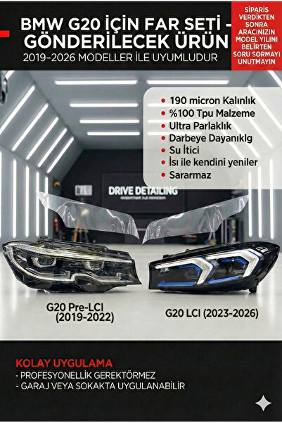 Drive Detailing BMW G20 Ön Far PPF Koruma Seti (2019-2026) - %100 TPU 190 Mik...