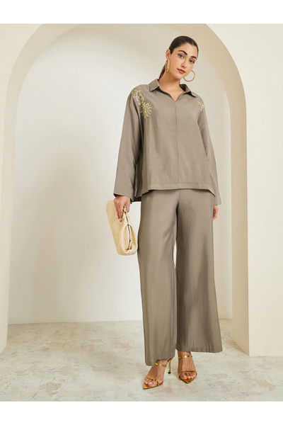 Styli Brown Sequin Detail Top and Pants Co-Ords