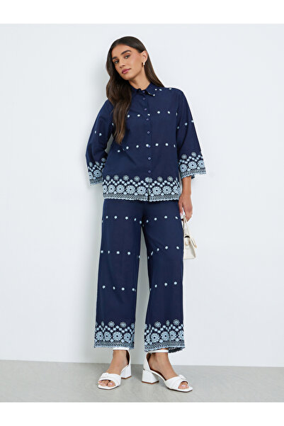Styli Women Navy Embroidered Shirt and Trousers Co-Ords