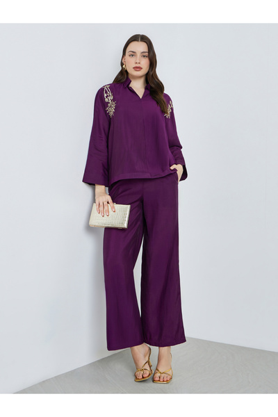 Styli Purple Sequin Detail Top and Pants Co-Ords