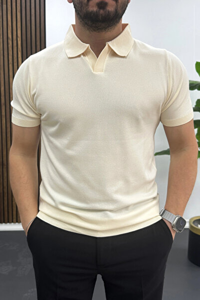 Edwox Ανδρικό μπλουζάκι με ανοιχτό γιακά, μονόχρωμο, κρεμ Edw461