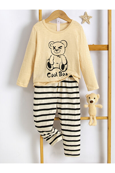 Take Two By Styli Boys Beige Cotton Bear T-Shirt and Pyjama Set
