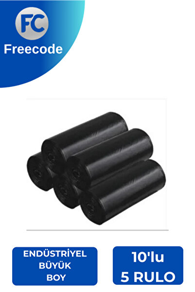 Freecode Endüstriyel Büyük Boy Çöp Poşeti 150 gr 10'lu 5 Rulo – Dayanıklı Siy...