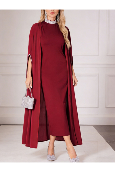 Take Two By Styli Red Slit Sleeve Abaya with Embellished Inner Dress Set