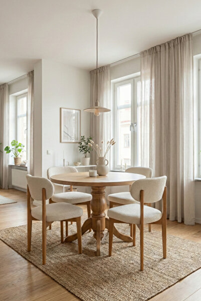 Woodenbend Merlon Natural 100 cm Yuvarlak 4 Kişilik Ahşap Yemek Masası Takımı...