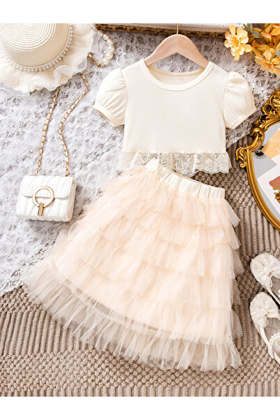 Take Two By Styli Girls Lace Trim Top and Ruffle Mesh Skirt Set