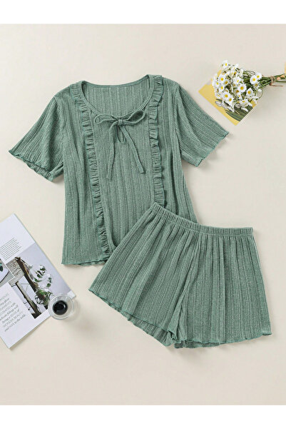 Take Two By Styli Khaki Textured Knit Top and Shorts Pyjama Set