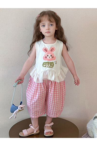 Take Two By Styli Girls Graphic Print Ruffle Hem Top and Checked Pants Set