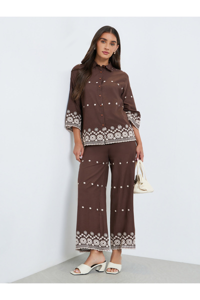 Styli Women Brown Embroidered Shirt and Trousers Co-Ords