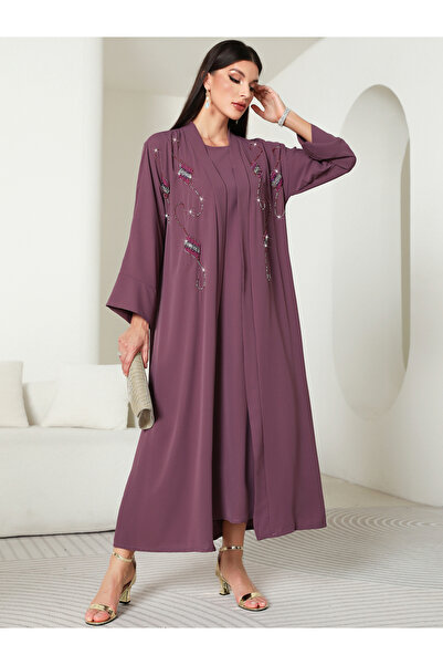 Take Two By Styli Women Purple Rhinestone Embellished Abaya with Inner Dress Set