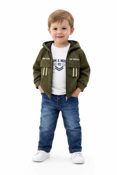 bubiee baby Boy's 3-Piece Set - Khaki Hooded Suede Jacket, Long Sleeve Sweats...