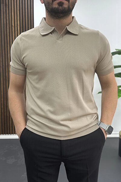 Edwox Ανδρικό μπλουζάκι με ανοιχτό γιακά, μονόχρωμο, Mink Edw461