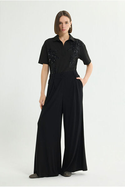 Love My Body Kemer Detaylı Pileli Bol Pantolon