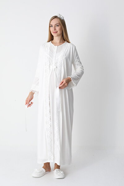ERDENİZ TEKSTİL Maternity Nightgown Dressing Gown Set Lace Plus Size Powder B...