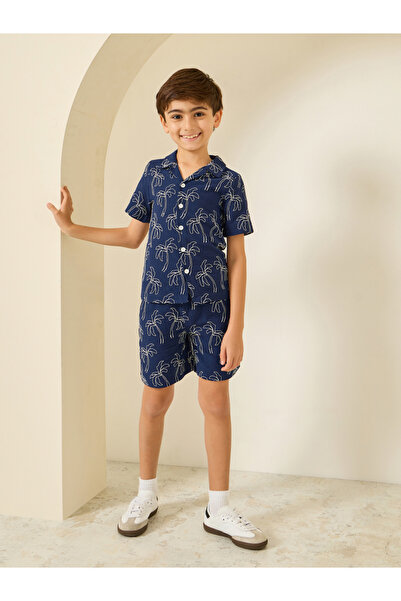 Styli Boys Navy Blue Embroidered Shirt and Shorts Set