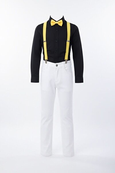 Bonnie Clyde Αγόρια Λευκό Παντελόνι Μαύρο Πουκάμισο Κίτρινο Λεπτομέρεια με Λο...