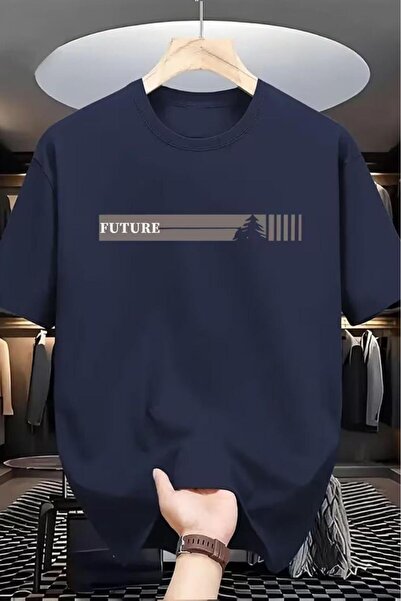 CAST COLLECTİON Unisex Navy Blue Future Printed Oversize T-Shirt