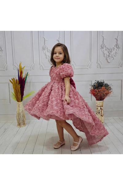 ELLUSSİ Kız Çocuk Gül Kurusu Gül Desenli Kuyruklu Kıs Kol Elbise Abiye
