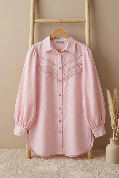 FERHEL Women's Laced Raw Linen Balloon Sleeve Tunic Shirt - Powder