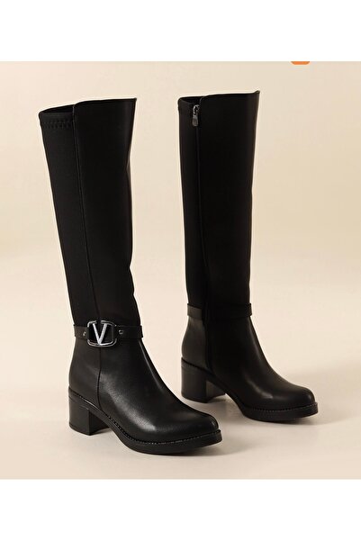 ENDEMRE Siyah Fermuarlı Dalgıç Kumaş Detaylı Tokalı Kadın Topuklu Çizme