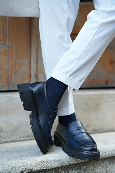 TETRİ Denver Model Genuine Leather Handmade Navy Blue Casual Shoes