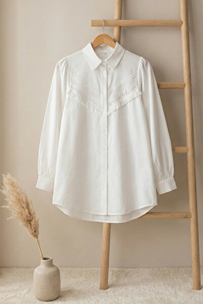 FERHEL Women's Laced Raw Linen Balloon Sleeve Tunic Shirt - Ecru