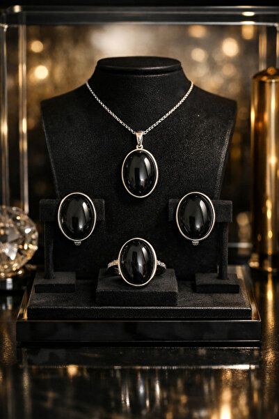 OniksGümüş 925 Ayar Gümüş Siyah Oniks Taşlı Oval Kolye Küpe Yüzük Seti