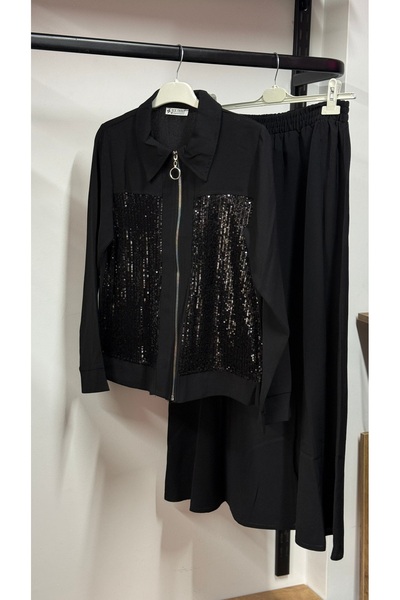 Leova Siyah Payet Detaylı Fermuarlı Kadın İkili Takım – Şık Gömlek Yaka Ceket...