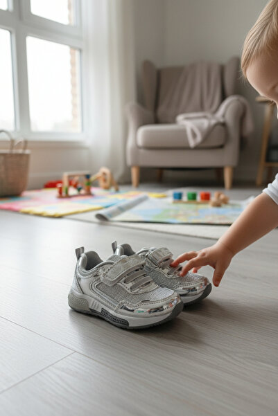 enoch Silver First Step Baby Shoes with Double Velcro and Shiny Surface