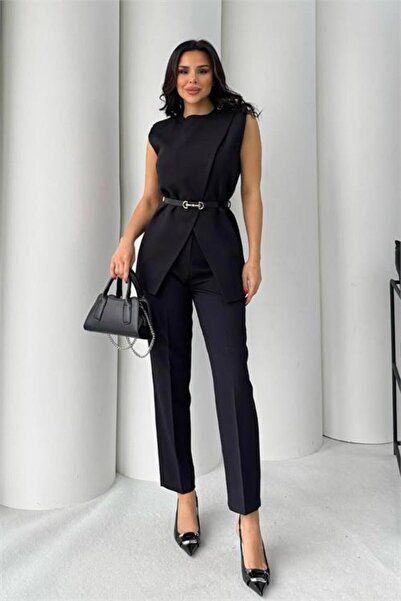 Neşeli Butik Women's Black Belt Detailed Vest and Pants Two-Piece Set Nbstr4061