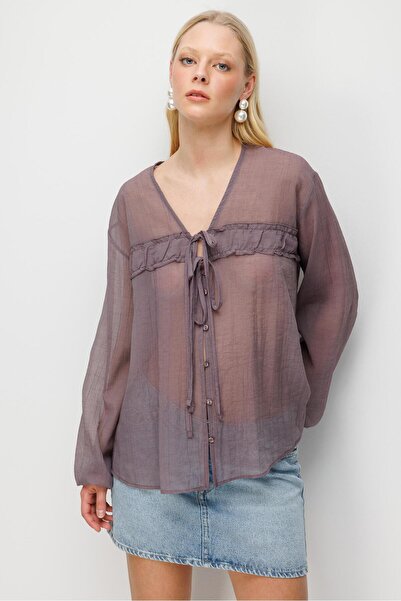 Mixray 4803 women's rose tulle transparent blouse - plum