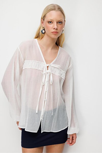 Mixray 4803 women's rose tulle transparent blouse white